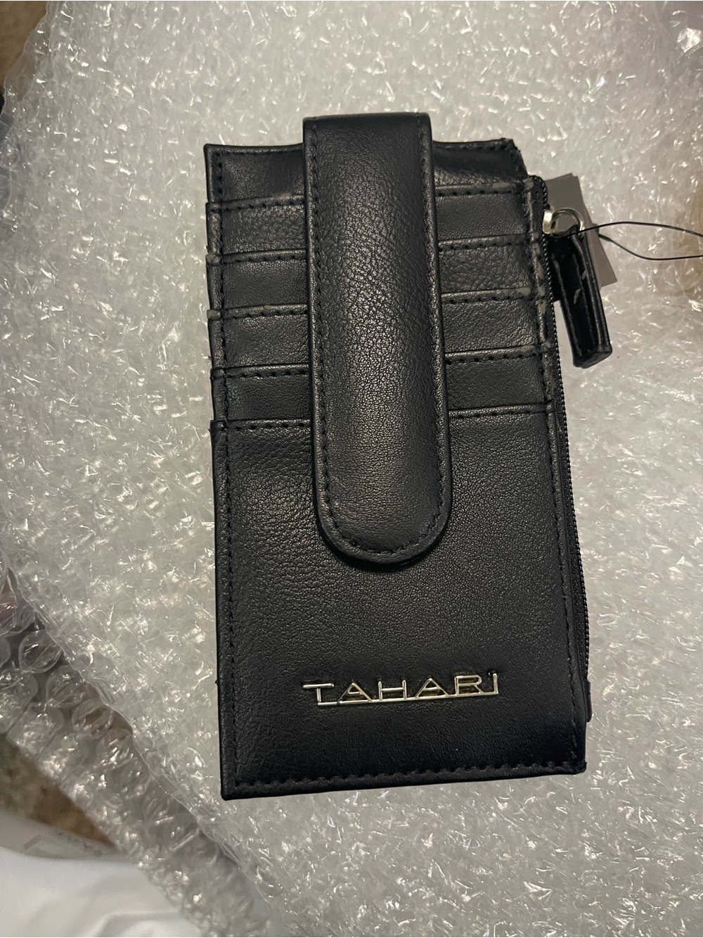 NWT Tahari Black VEGAN Leather Card & Coin Wallet with Snap Strap